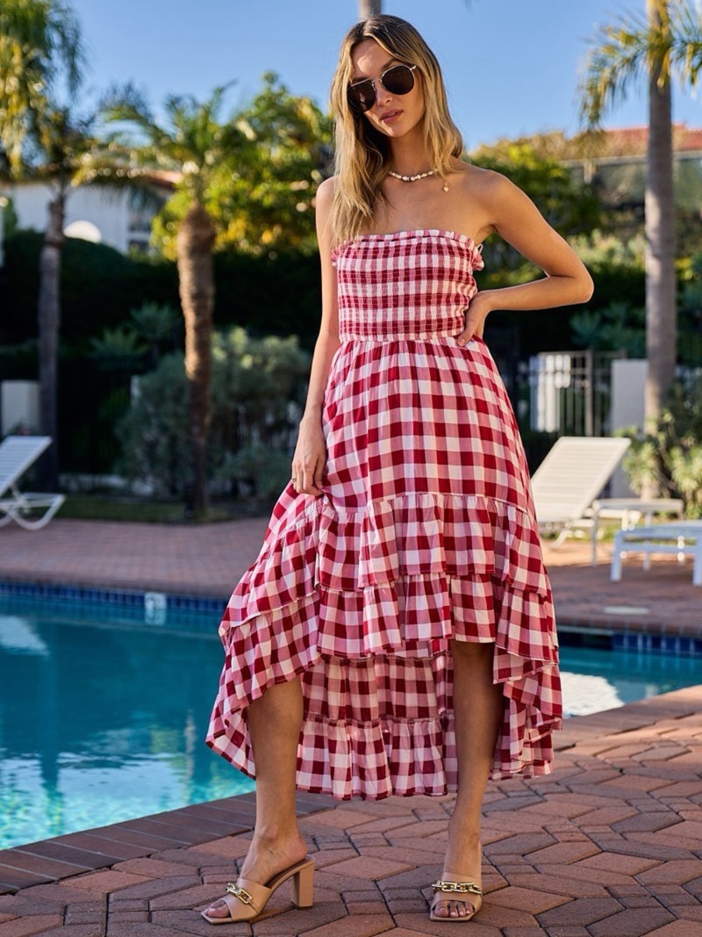Red and White Gingham Strapless Dress
